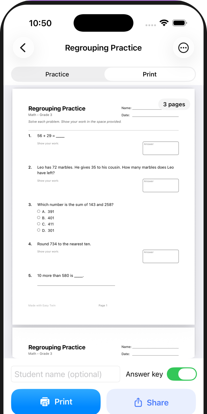 Print tab showing a letter-sized Regrouping Practice worksheet preview with name and date lines, answer boxes, and Print and Share buttons
