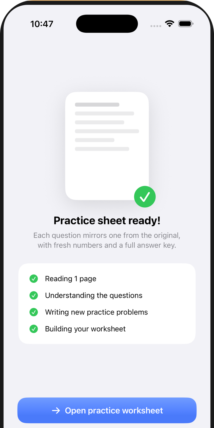 Easy Twin progress screen showing the steps Reading 1 page, Understanding the questions, Writing new practice problems, and Building your worksheet, all checked off
