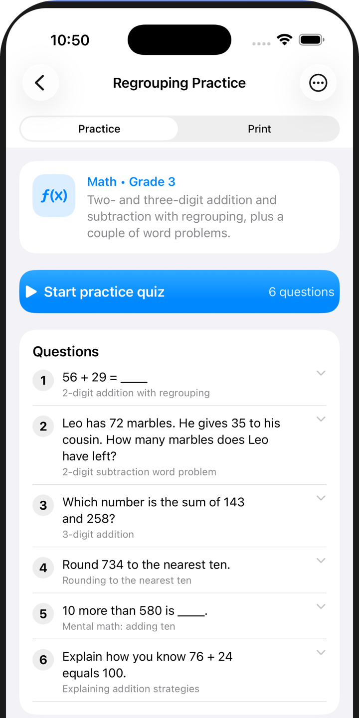 A twin worksheet titled Regrouping Practice, Math Grade 3, listing six new questions such as 56 + 29 and a marble word problem, each labeled with the skill it practices