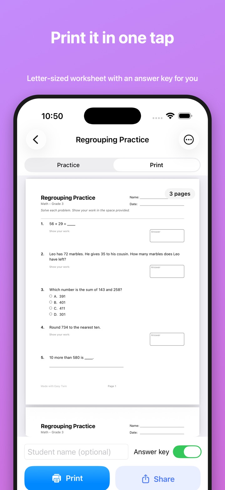 Letter-sized worksheet preview with Student name field, Answer key toggle, Print and Share buttons