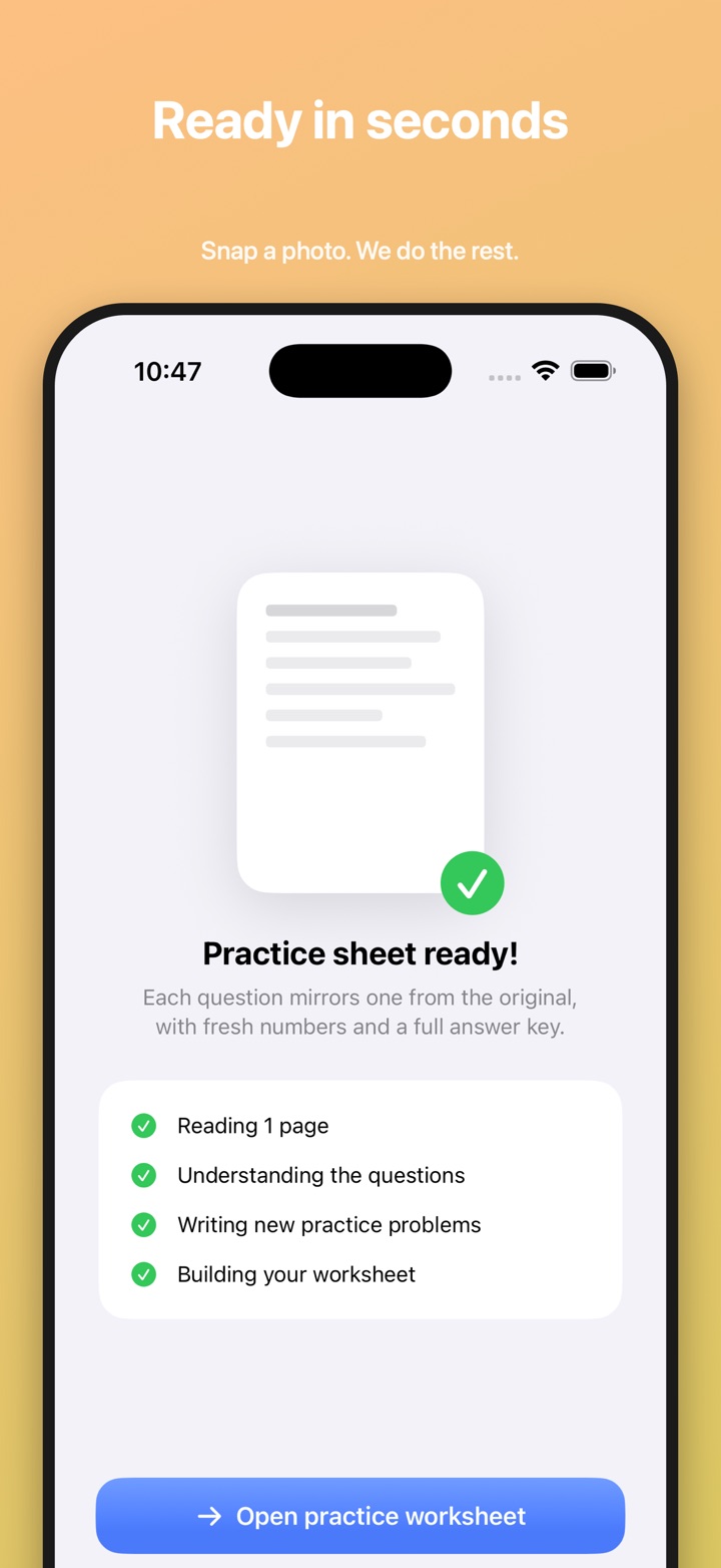 Practice sheet ready screen listing the four generation steps with green checkmarks