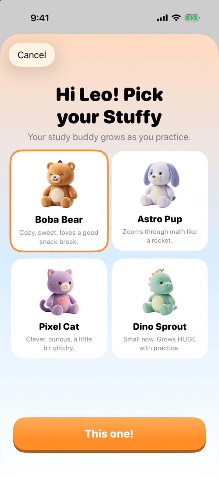Easy Twin adoption screen: Hi Leo! Pick your Stuffy, with Boba Bear, Astro Pup, Pixel Cat and Dino Sprout to choose from