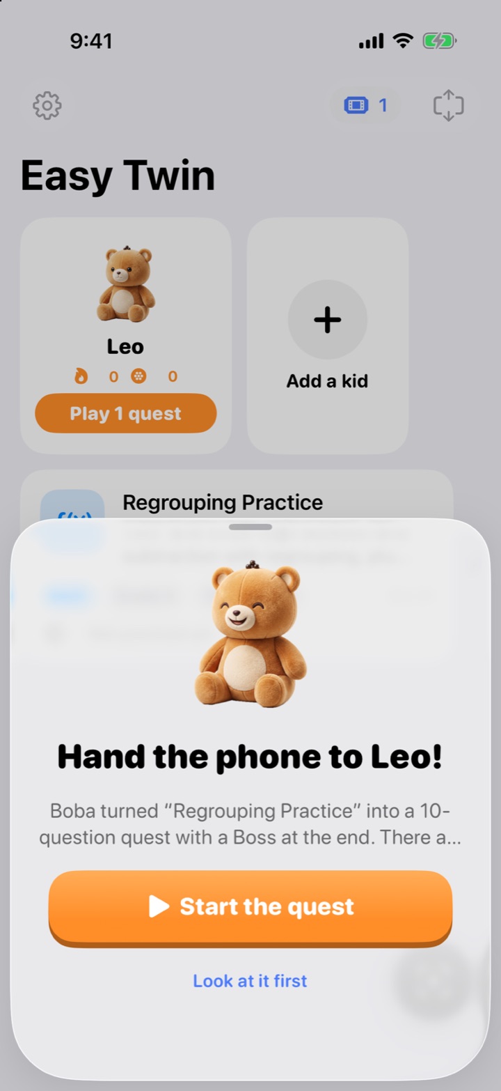 Hand the phone to Leo! Boba turned Regrouping Practice into a 10-question quest with a Boss at the end