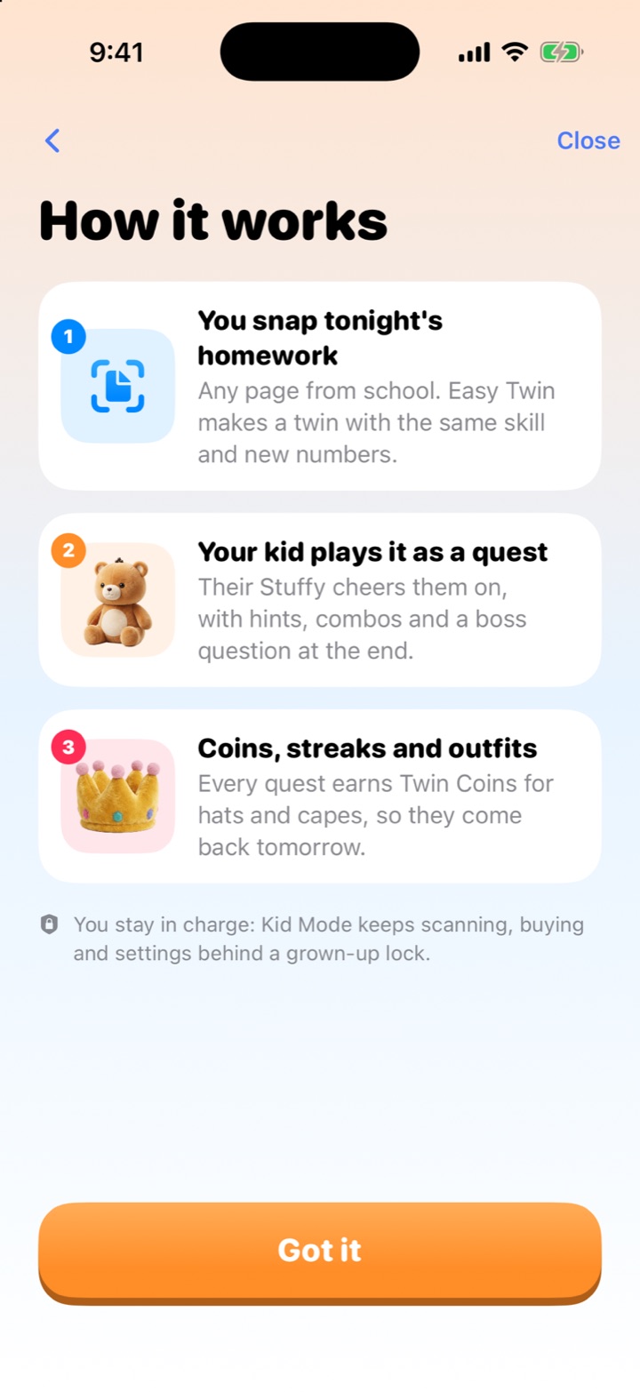 Easy Twin's How it works screen: you snap tonight's homework, your kid plays it as a quest, coins, streaks and outfits