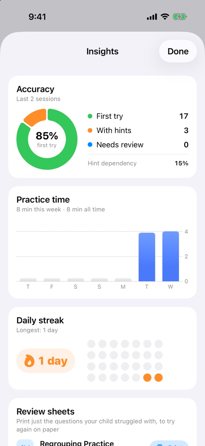 Practice insights with 85% first-try accuracy and a daily streak