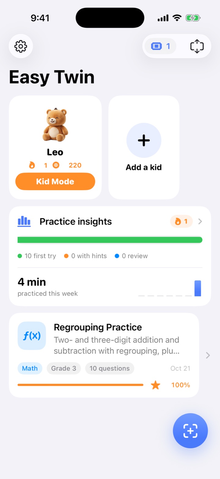 Parent home showing a kid card for Leo with a Kid Mode button, practice insights and a Regrouping Practice worksheet