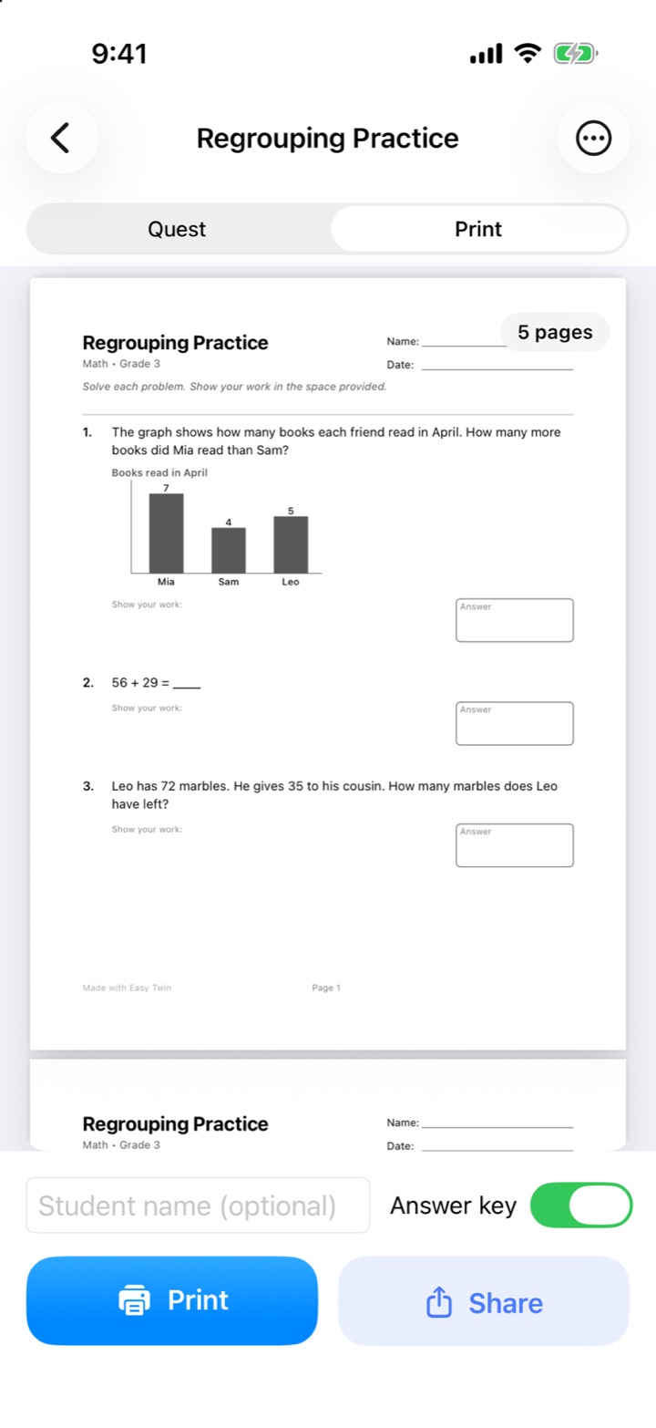 A twin worksheet called Regrouping Practice with a redrawn bar graph and a marble word problem