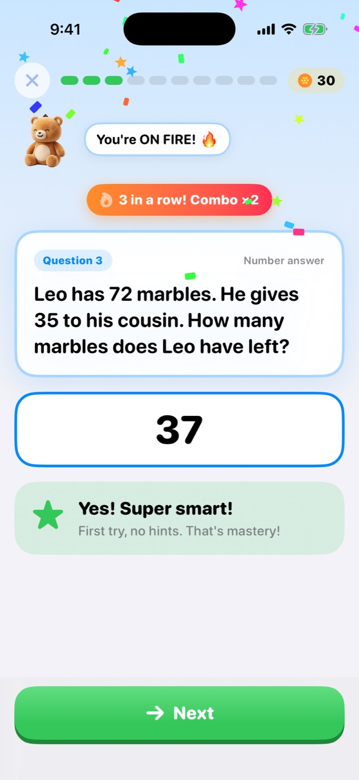 Easy Twin quest question: Leo has 72 marbles and gives 35 to his cousin, answered 37 with a 3 in a row combo