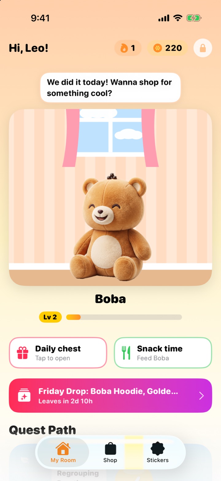 Easy Twin Kid Mode: Boba the bear Stuffy in its room with a daily chest, a Friday Drop banner and the quest path
