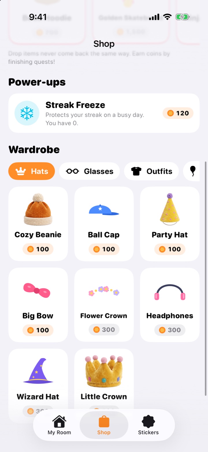 Easy Twin shop with a Streak Freeze and a wardrobe of hats priced in coins