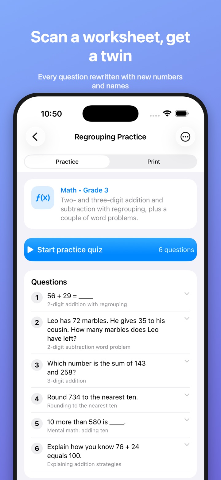 Twin worksheet in the app with a Start practice quiz button and six numbered questions
